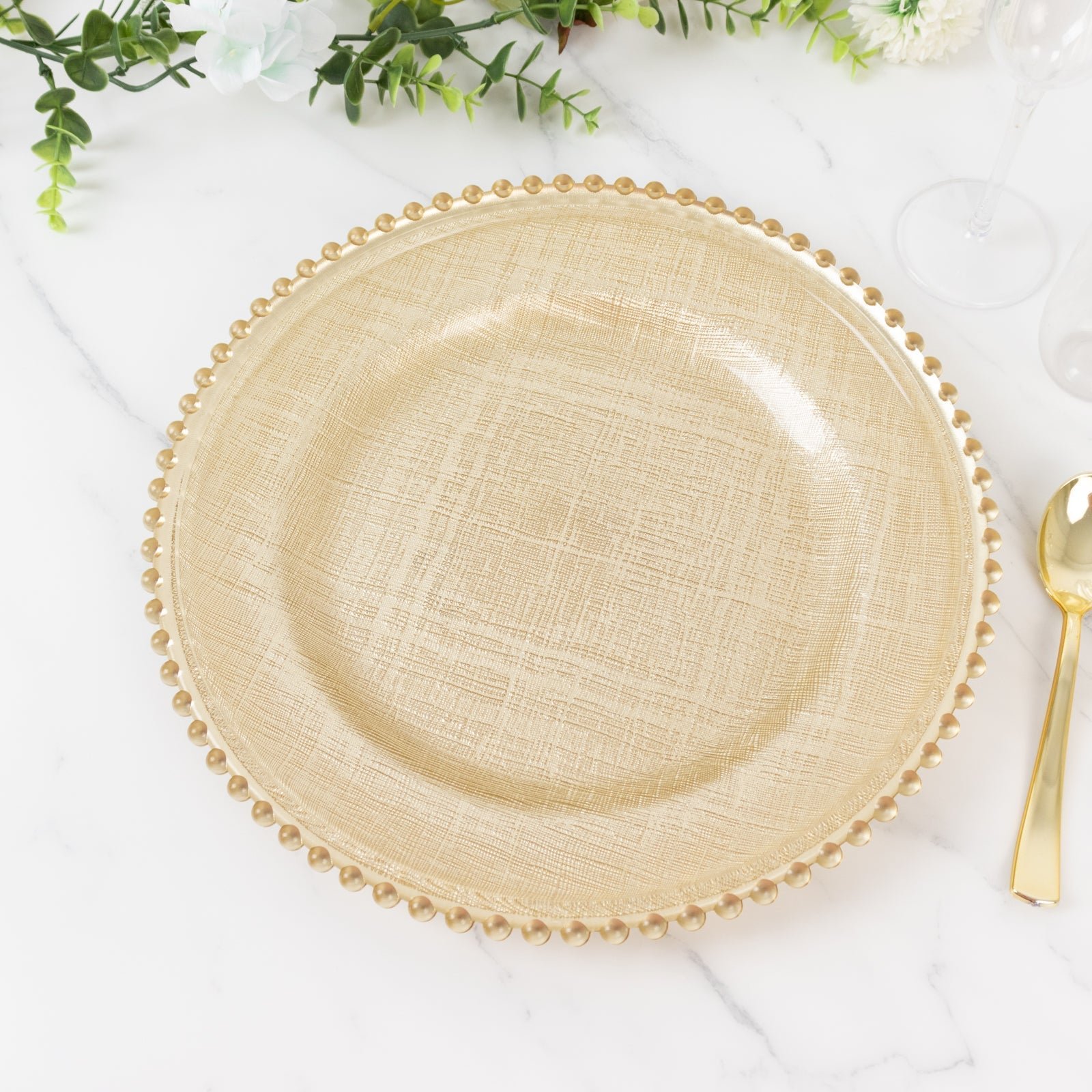 8-Pack Glass Charger Plates 12" Round Gold with Beaded Rim & Cross-Stitch Pattern - Event Tabletop Decorative Dinner Charger Tableware - Image 7