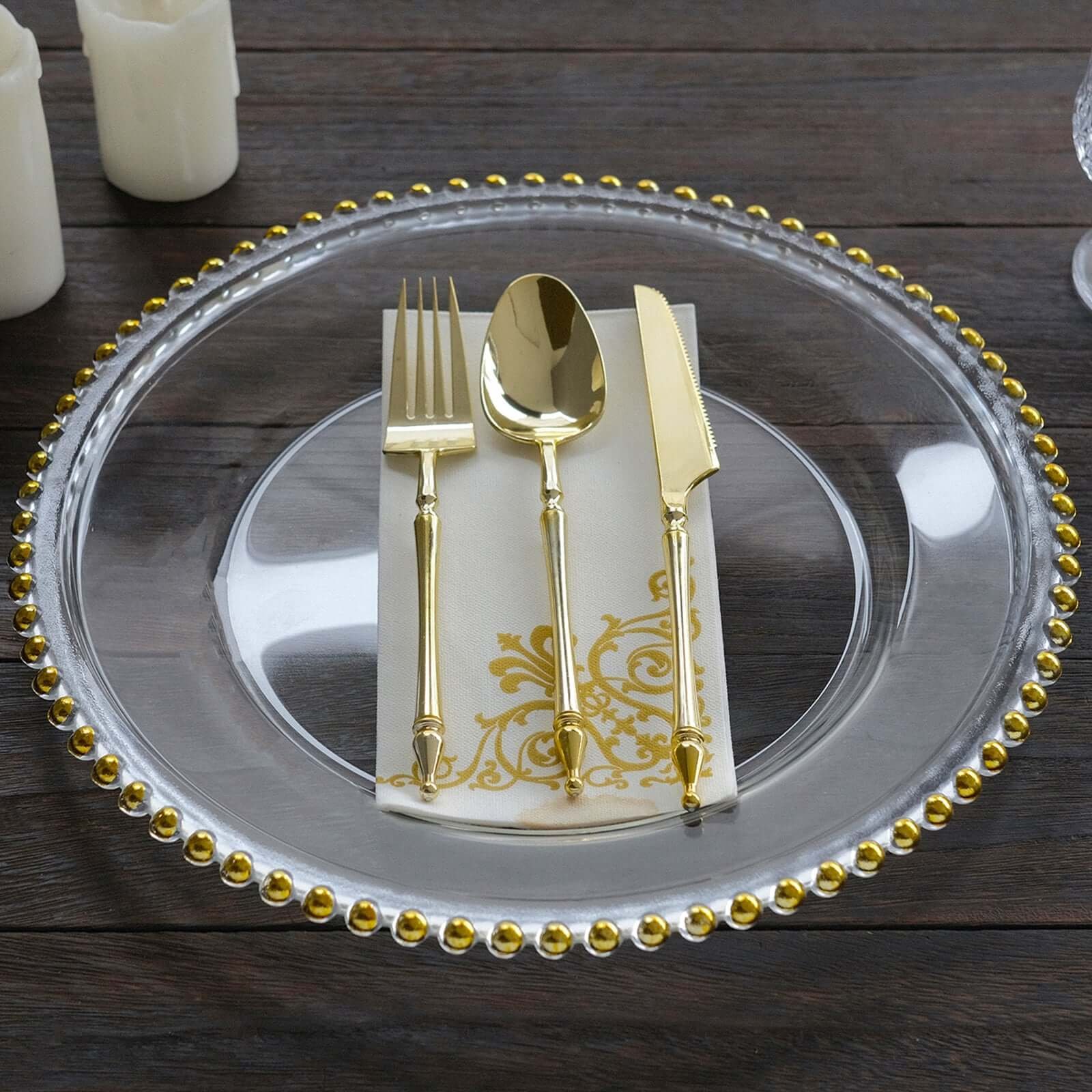 8-Pack Glass Charger Plates 12" Round Clear with Gold Beaded Rim - Event Tabletop Decorative Dinner Charger Tableware - Image 6
