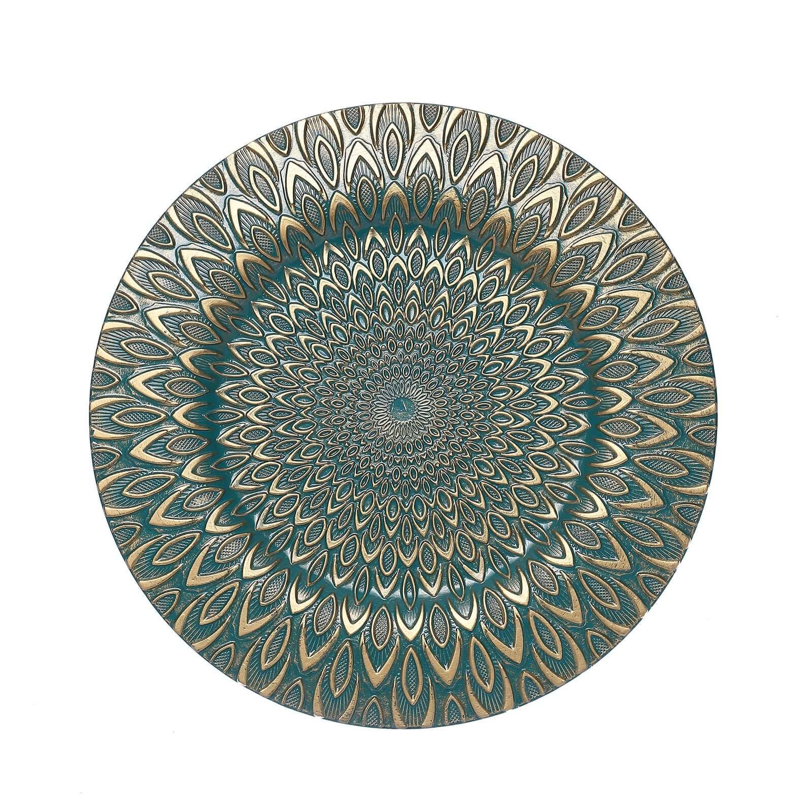 6-Pack Plastic Charger Plates 13" Round Teal with Gold Embossed Peacock Pattern - Disposable Charger Tableware - Image 6