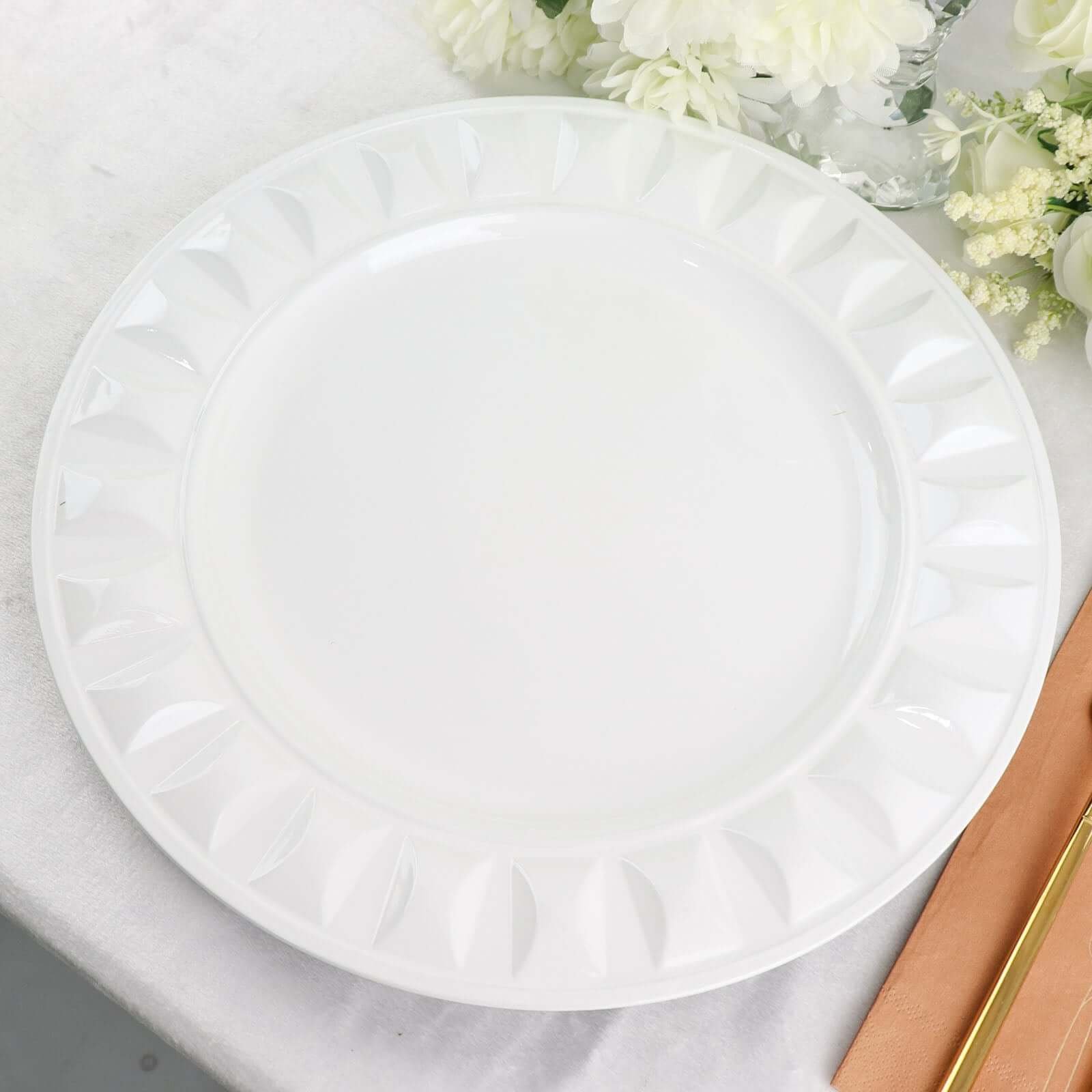 6-Pack Plastic Charger Plates 13" Round White Bejeweled Rim - Luxe Decorative Dinner Party Charger Tableware - Image 5