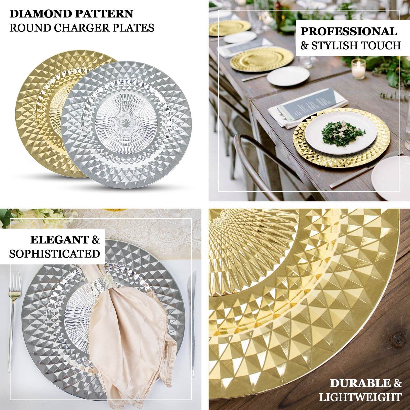 6-Pack Plastic Charger Plates 13" Round Silver Diamond Pattern - Sparkling Disposable Dinner Charger Tableware - Image 4