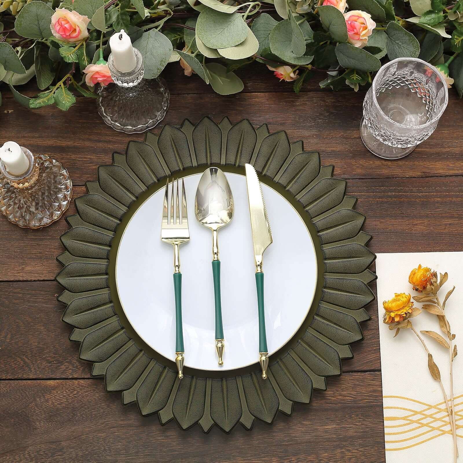 6-Pack Plastic Charger Plates 13" Round Olive Green with Sunflower Rim - Matte Finish Disposable Dinner Charger Tableware - Image 7