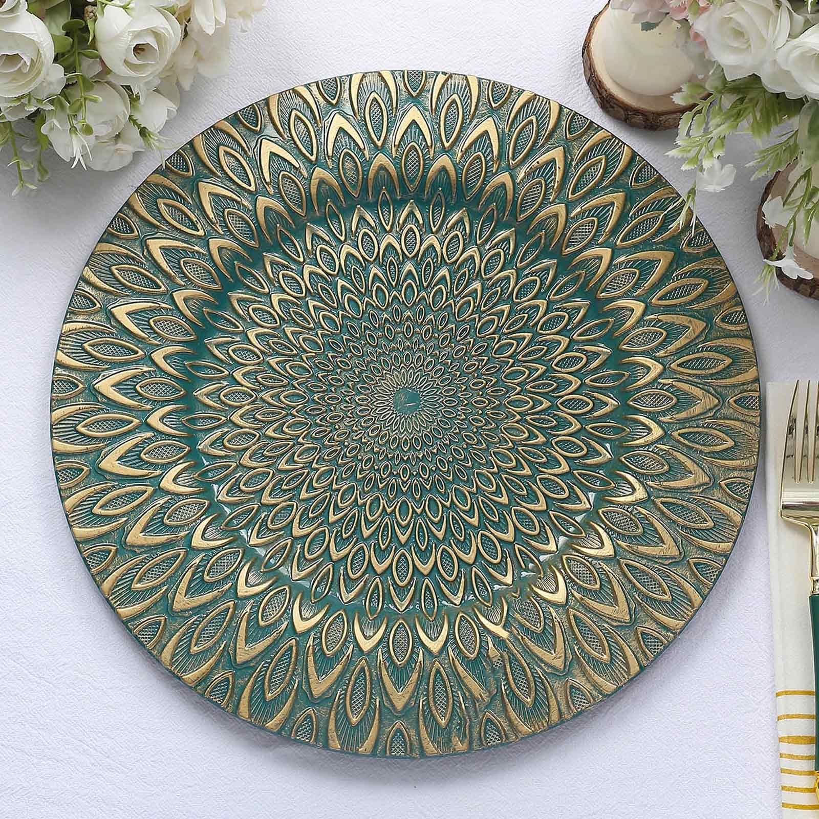 6-Pack Plastic Charger Plates 13" Round Teal with Gold Embossed Peacock Pattern - Disposable Charger Tableware - Image 5